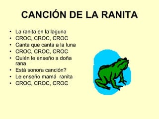 CANCIÓN DE LA RANITA La ranita en la laguna CROC, CROC, CROC  Canta que canta a la luna CROC, CROC, CROC Quién le enseño a doña rana Está sonora canción? Le enseño mamá  ranita CROC, CROC, CROC 
