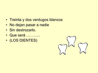 Treinta y dos verdugos blancos No dejan pasar a nadie Sin destrozarlo. Que será ……….. (LOS DIENTES) 