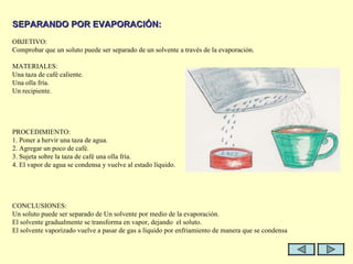   SEPARANDO POR EVAPORACIÓN:   OBJETIVO: Comprobar que un soluto puede ser separado de un solvente a través de la evaporación.   MATERIALES: Una taza de café caliente.  Una olla fría. Un recipiente.   PROCEDIMIENTO: 1. Poner a hervir una taza de agua.  2. Agregar un poco de café.  3. Sujeta sobre la taza de café una olla fría.  4. El vapor de agua se condensa y vuelve al estado líquido.    CONCLUSIONES: Un soluto puede ser separado de Un solvente por medio de la evaporación. El solvente gradualmente se transforma en vapor, dejando  el soluto. El solvente vaporizado vuelve a pasar de gas a líquido por enfriamiento de manera que se condensa   