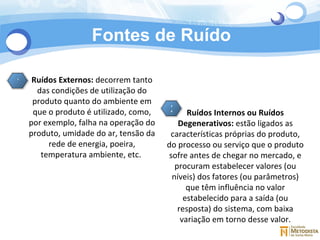 Fontes de Ruído Ruídos Externos:  decorrem tanto das condições de utilização do produto quanto do ambiente em que o produto é utilizado, como, por exemplo, falha na operação do produto, umidade do ar, tensão da rede de energia, poeira, temperatura ambiente, etc.  Ruídos Internos ou Ruídos Degenerativos:  estão ligados as características próprias do produto, do processo ou serviço que o produto sofre antes de chegar no mercado, e procuram estabelecer valores (ou níveis) dos fatores (ou parâmetros) que têm influência no valor estabelecido para a saída (ou resposta) do sistema, com baixa variação em torno desse valor. 1 2 