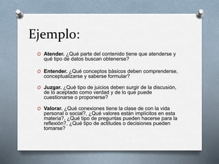 Ejemplo:
O Atender. ¿Qué parte del contenido tiene que atenderse y
qué tipo de datos buscan obtenerse?
O Entender. ¿Qué conceptos básicos deben comprenderse,
conceptualizarse y saberse formular?
O Juzgar. ¿Qué tipo de juicios deben surgir de la discusión,
de lo aceptado como verdad y de lo que puede
cuestionarse o proponerse?
O Valorar. ¿Qué conexiones tiene la clase de con la vida
personal o social?, ¿Qué valores están implícitos en esta
materia?, ¿Qué tipo de preguntas pueden hacerse para la
reflexión?, ¿Qué tipo de actitudes o decisiones pueden
tomarse?
 