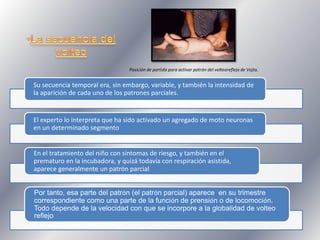 Posición de partida para activar patrón del volteoreflejo de Vojta.

Su secuencia temporal era, sin embargo, variable, y también la intensidad de
la aparición de cada uno de los patrones parciales.

El experto lo interpreta que ha sido activado un agregado de moto neuronas
en un determinado segmento

En el tratamiento del niño con síntomas de riesgo, y también en el
prematuro en la incubadora, y quizá todavía con respiración asistida,
aparece generalmente un patrón parcial
Por tanto, esa parte del patrón (el patrón parcial) aparece en su trimestre
correspondiente como una parte de la función de prensión o de locomoción.
Todo depende de la velocidad con que se incorpore a la globalidad de volteo
.
reflejo

 