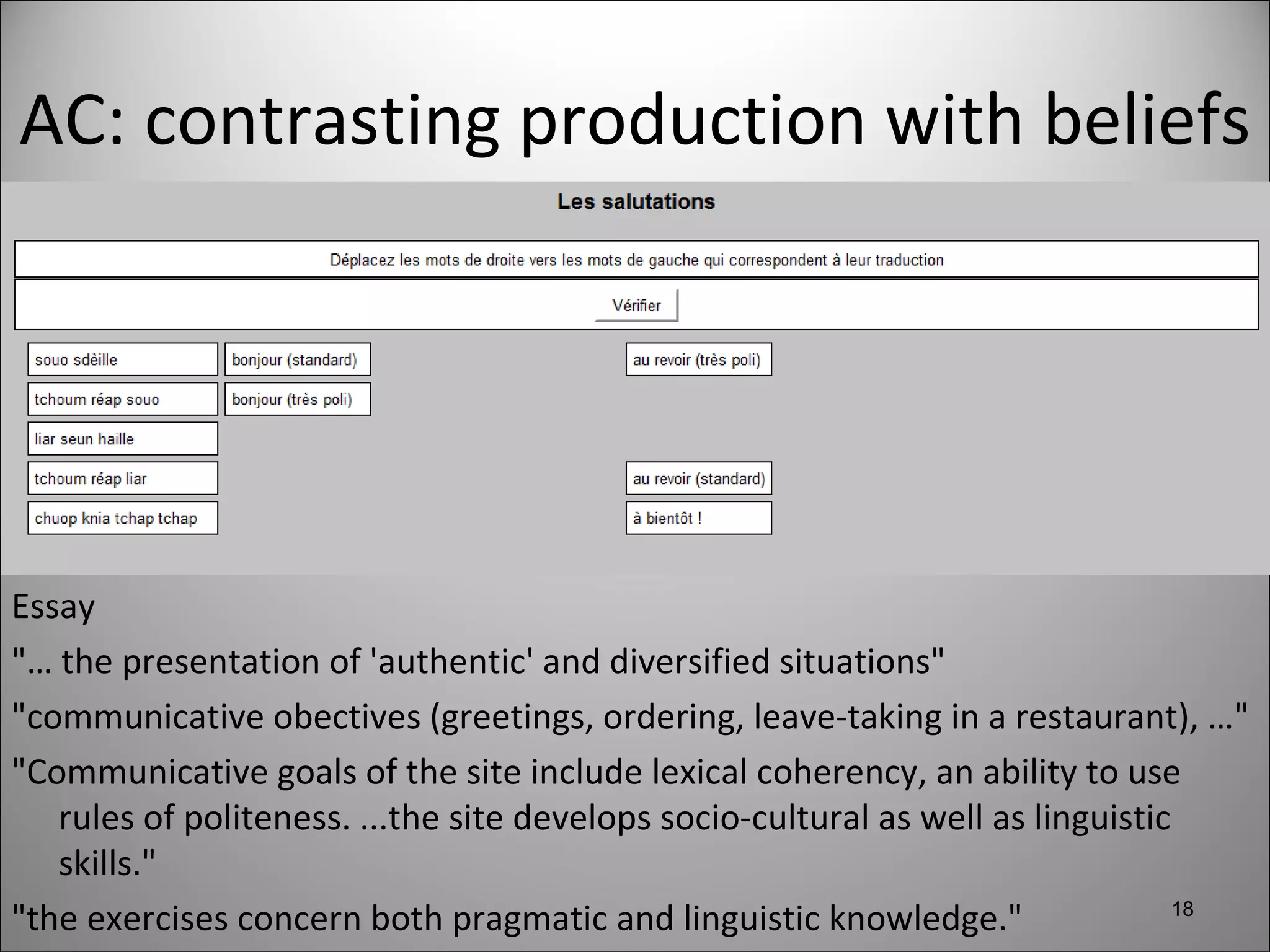 AC: contrasting production with beliefs Essay "… the presentation of 'authentic' and diversified situations" "communicative obectives (greetings, ordering, leave-taking in a restaurant), …" "Communicative goals of the site include lexical coherency, an ability to use rules of politeness. ...the site develops socio-cultural as well as linguistic skills." "the exercises concern both pragmatic and linguistic knowledge." 