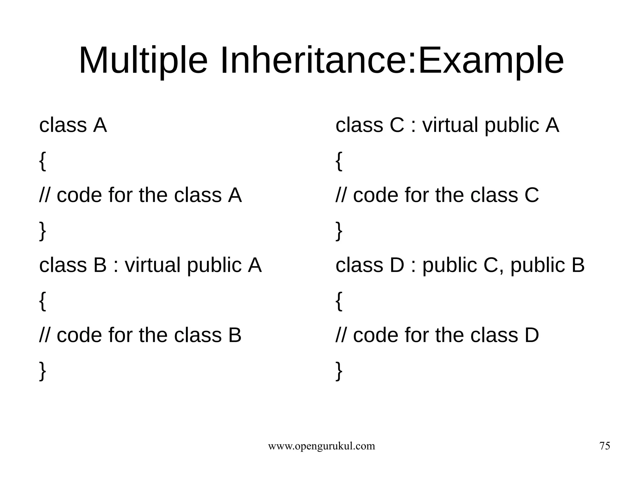 Multiple Inheritance:Example
class A                                 class C : virtual public A
{                                       {
// code for the class A                 // code for the class C
}                                       }
class B : virtual public A              class D : public C, public B
{                                       {
// code for the class B                 // code for the class D
}                                       }


                             www.opengurukul.com                       75
 