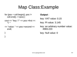 Map Class:Example
for (pos = coll.begin(); pos !=              Output :
   coll.end(); ++pos) {
                                             key: VAT value: 0.15
cout << "key: "" << pos->first <<
  "" "                                      key: PI value: 3.145
<< "value: " << pos->second <<               key: an arbitrary number value:
  endl;                                        4983.223
}                                            key: Null value: 0
}




                                  www.opengurukul.com                     141
 