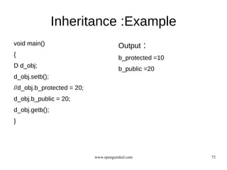 Inheritance :Example
void main()                            Output     :
{
                                       b_protected =10
D d_obj;
                                       b_public =20
d_obj.setb();
//d_obj.b_protected = 20;
d_obj.b_public = 20;
d_obj.getb();
}




                            www.opengurukul.com          72
 