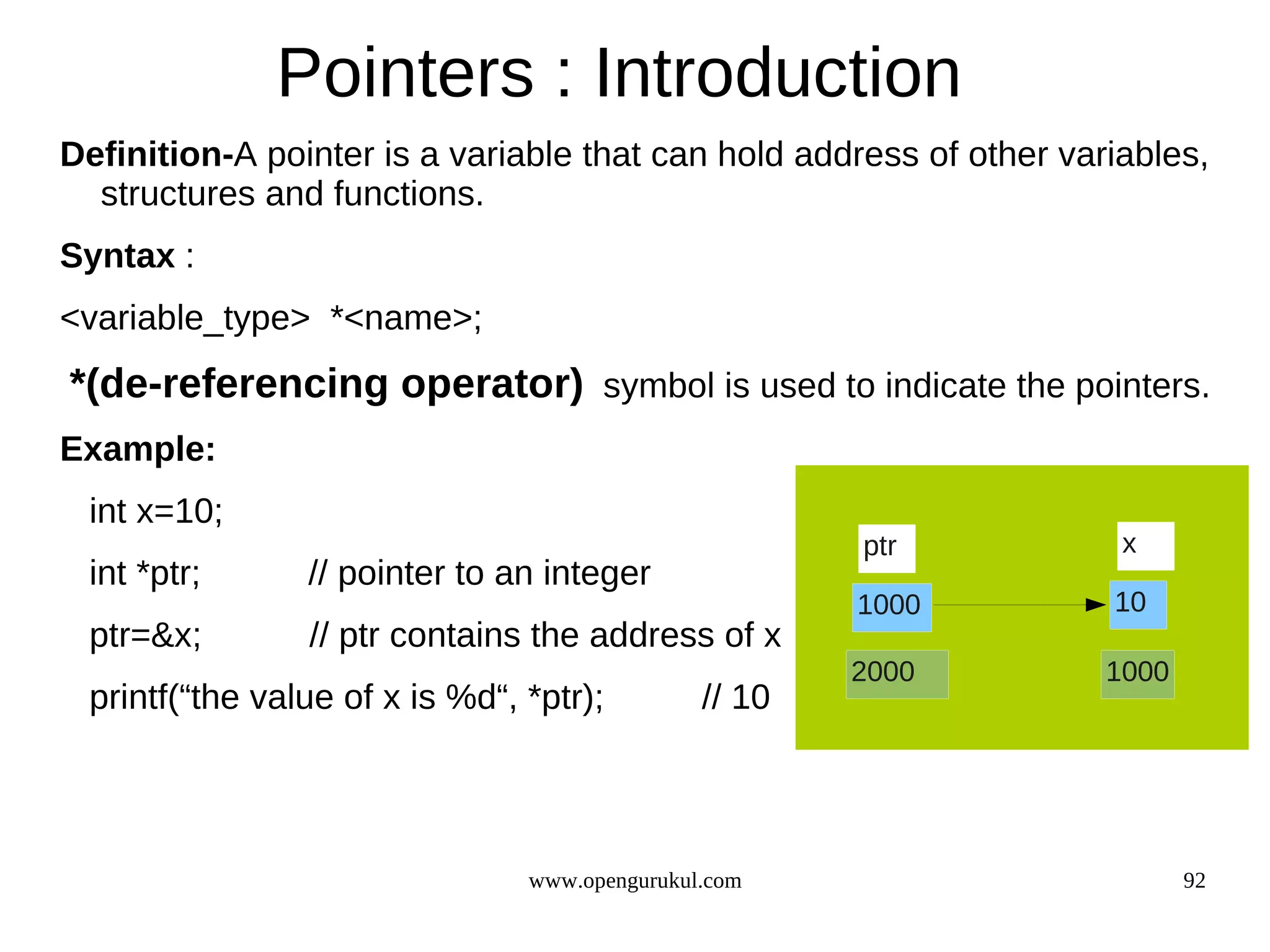 Pointers : Introduction Definition-A pointer is a variable that can hold address of other variables, structures and functions. Syntax : <variable_type> *<name>; *(de-referencing operator) symbol is used to indicate the pointers. Example: int x=10; ptr x int *ptr; // pointer to an integer 1000 10 ptr=&x; // ptr contains the address of x 2000 1000 printf(“the value of x is %d“, *ptr); // 10 www.opengurukul.com 92 