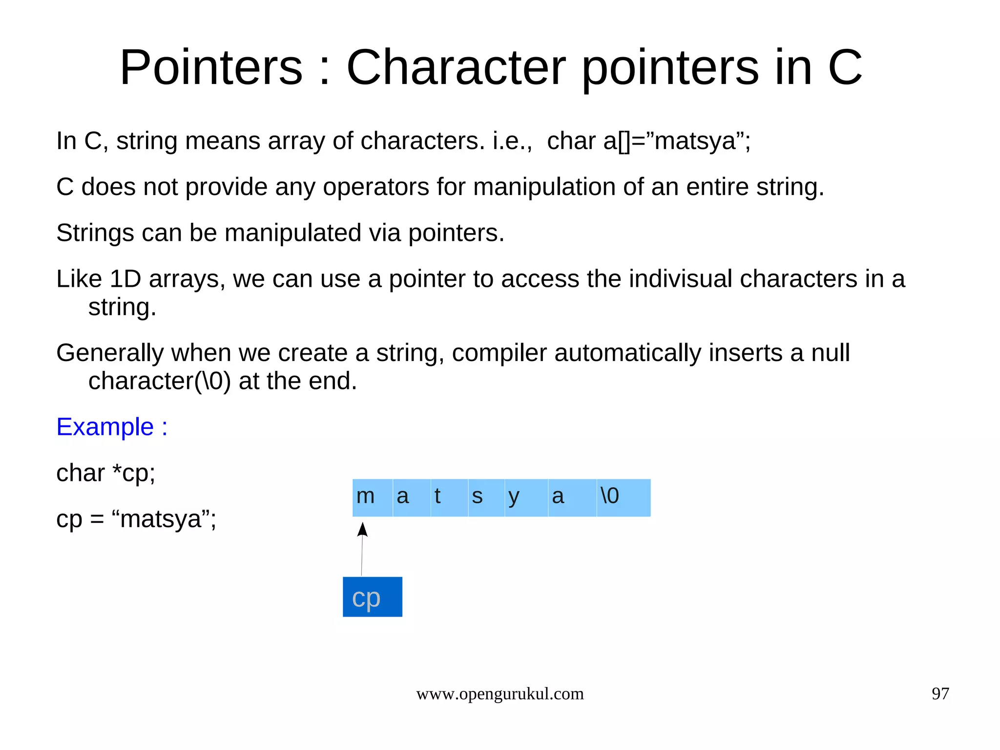 Pointers : Character pointers in C In C, string means array of characters. i.e., char a[]=”matsya”; C does not provide any operators for manipulation of an entire string. Strings can be manipulated via pointers. Like 1D arrays, we can use a pointer to access the indivisual characters in a string. Generally when we create a string, compiler automatically inserts a null character(0) at the end. Example : char *cp; m a t s y a 0 cp = “matsya”; cp www.opengurukul.com 97 