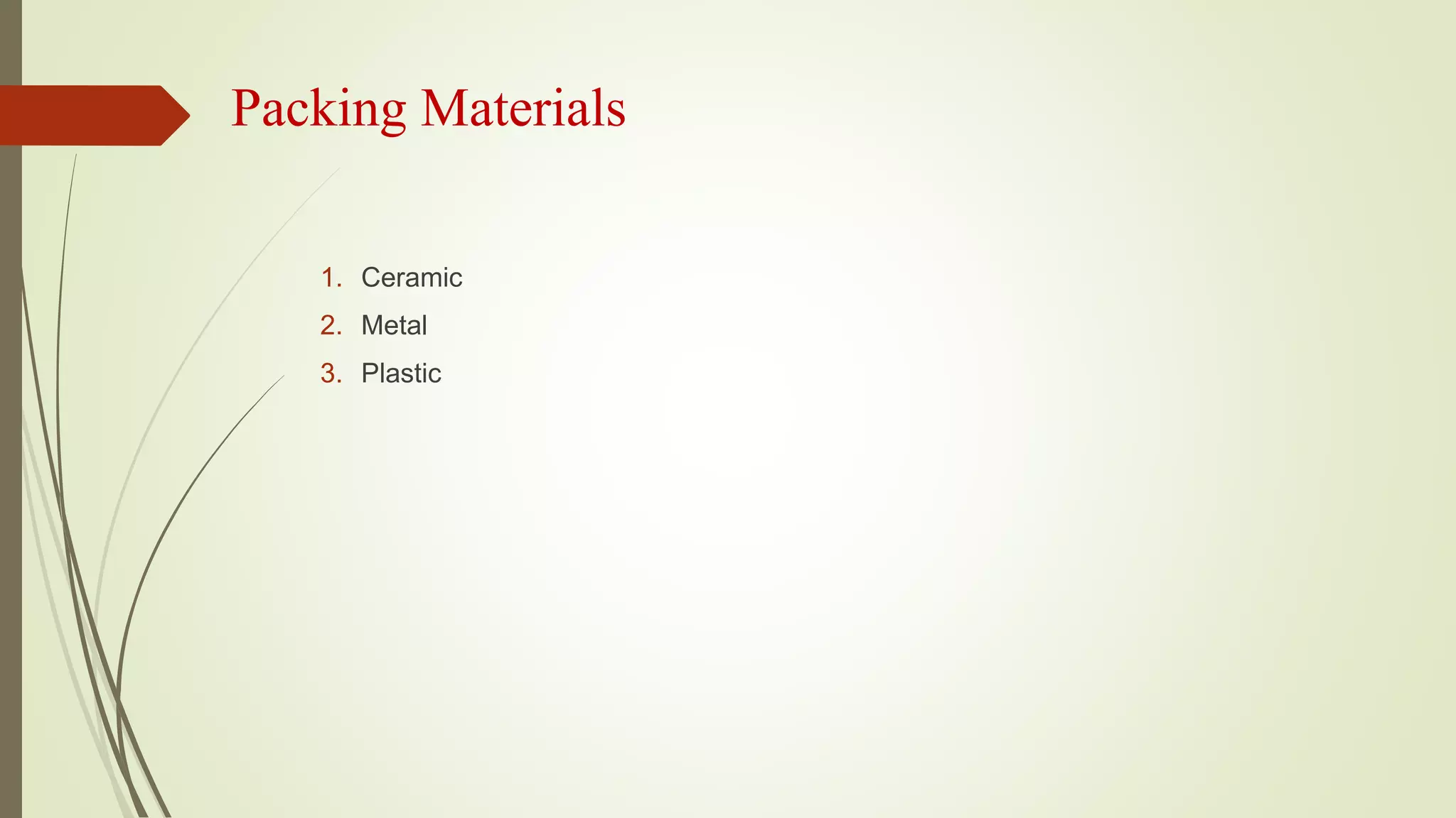 Packing Materials
1. Ceramic
2. Metal
3. Plastic
 