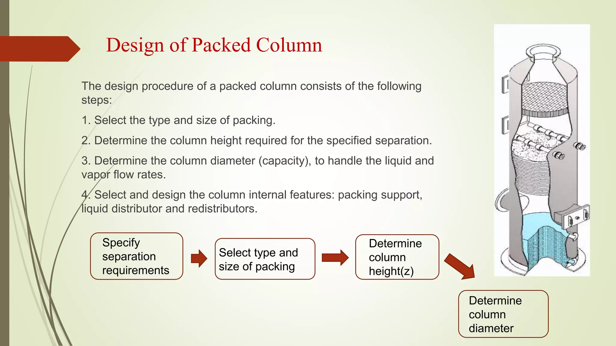 Design of Packed Column
The design procedure of a packed column consists of the following
steps:
1. Select the type and size of packing.
2. Determine the column height required for the specified separation.
3. Determine the column diameter (capacity), to handle the liquid and
vapor flow rates.
4. Select and design the column internal features: packing support,
liquid distributor and redistributors.
Specify
separation
requirements
Select type and
size of packing
Determine
column
height(z)
Determine
column
diameter
 