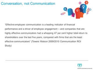 Conversation, not Communication

“Effective employee communication is a leading indicator of financial
performance and a driver of employee engagement – and companies that are
highly effective communicators had a whopping 47 per cent higher total return to
shareholders over the last five years, compared with firms that are the least
effective communicators” (Towers Watson 2009/2010 Communication ROI
Study)

 