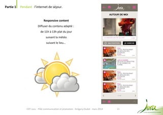 11
Partie 1 Pendant : l’internet de séjour.
CDT Jura - Pôle communication et promotion - Grégory Oudot - mars 2014
Responsive content
Diffuser du contenu adapté :
de 11h à 13h plat du jour
suivant la météo
suivant le lieu…
 