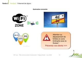 15
Partie 1 Pendant : l’internet de séjour.
CDT Jura - Pôle communication et promotion - Grégory Oudot - mars 2014
Destination connectée
Attention au
dépassement de
forfaits en zone
limitrophe avec la
Suisse !
Prévenez vos clients >>>
 