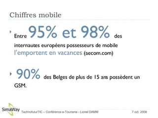 Chiffres mobile Entre  95% et 98%  des internautes européens possesseurs de mobile  l’emportent en vacances  (aecom.com) 90%   des Belges de plus de 15 ans possèdent un GSM. 7 oct. 2008 TechnofuturTIC – Conférence e-Tourisme - Lionel DAMM  