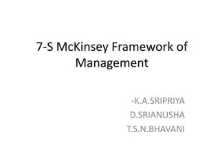 7-S McKinsey Framework of
      Management

               -K.A.SRIPRIYA
               D.SRIANUSHA
              T.S.N.BHAVANI
 