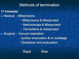 Methods of termination
1st trimester
 Medical - Mifepristone
- Mifepristone & Misoprostol
- Methotrexate & Misoprostol
- Tamoxifene & misoprostol
 Surgical – Vacuum aspiration
- suction evacuation & or curettage
- Dialatation and evacuation
Rapid Slow
 