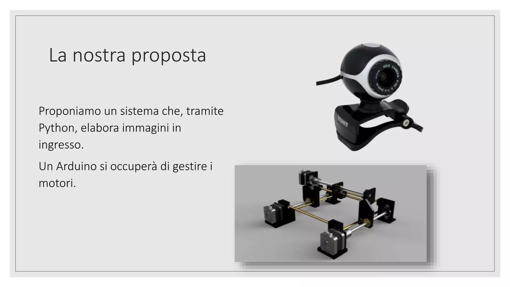 La nostra proposta
Proponiamo un sistema che, tramite
Python, elabora immagini in
ingresso.
Un Arduino si occuperà di gestire i
motori.
 