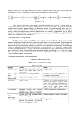 expressed in grams of CO per ship’s capacity mile (a smaller EEDI value means a more energy efficient ship design)
and calculated by a given formula based on the technical design parameters of a given design:




         Where: ME and AE represent main engine(s) and auxiliary engine(s); P, the power of engine (kW); CF a
conversion factor between fuel consumption and CO2 based on carbon content; SFC, the certified specific fuel
consumption on the engines (g/kWh); Capacity, the deadweight (tonnes); Vref is the ship speed (knot); and fj is a
correction factor to account for ship specific design elements fw is a non-dimensional coefficient indicating the
decrease of speed in representative sea conditions of wave height, wave frequency and wind speed. fi is the capacity
factor for any technical/regulatory limitation on capacity, and can be assumed one (1.0) if no necessity of the factor is
granted. The EEDI formula can be simplified to:

EEDI = CO₂ emission / transport work

         The CO₂ emission represents total CO₂ emission from combustion of fuel at design stage, including
propulsion and auxiliary engines, taking into account the carbon content of the fuels in question. If shaft generators or
innovative mechanical or electrical energy efficient technologies are incorporated on board a ship, these effects are
deducted from the total CO₂ emission. If wind or solar energy is used to board a ship, the energy save by such measures
will also be deducted from the total CO₂ emissions, based on actual efficiency of the system. The transport work is
calculated by multiplying the ship’s capacity as designed (deadweight for cargo ships and gross tonnage for passenger
ships) with the ship’s design speed measured at the maximum design load condition and at 75% of the rated installed
shaft power. Speed is the most essential factor in the formula and may be reduced to achieve the required index. Table
3 shows necessary input data and assumption.

The nitrogen emission per year can be estimated from;

                                         (5.34lb/Hr).(8760hr/year).(ton/200lb)

                                       Where 5.34lb is assumed emission factor

                                             Table 3: Input data
Activities          Category                                       Source
Ship Movements      Data Records for each vessel: vessel type,     Navigation data
                    Previous and current ports, date of
                    movement, etc
Main      engine    Correlations for vessel type and DWT           Navigation data, Marine Department, or
power                                                              Environmental department’s
Aux       engine    using aux/main engine power ratio              From Within Malaysia and European ports
power Estimate
Load factors        by mode Factors                                Malaysian ports environmental department
                                                                   best practices methods. Emission factors
                                                                   Entec, 2002, Swedish Methodology for
                                                                   Environmental Data, 2004, Starcrest, 2004,
                                                                   MAN B&W, 2004. Vessel speed
                                                                   Navigation data or default values.
Time underway       Port-to-port distances were estimated          Equal to distance/vessel underway speed.
                    individually for 80% of movements.
                    Simplified distance estimates for balance.
                    For each vessel type. Includes intraport       Equal to manoeuvring distance/vessel speed
Time                distances in large ports
manoeuvring
Time hoteling       By vessel type, based on vessel arrival &      Navigation data
                    departure., fuel statistics and emission
                    factors OR trading pattern vessels



                                                                                                                       7
 