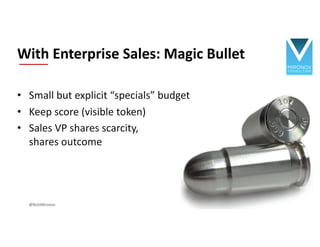 • Small but explicit “specials” budget
• Keep score (visible token)
• Sales VP shares scarcity,
shares outcome
With Enterprise Sales: Magic Bullet
@RichMironov
 