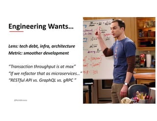 Lens: tech debt, infra, architecture
Metric: smoother development
“Transaction throughput is at max”
“If we refactor that as microservices…”
“RESTful API vs. GraphQL vs. gRPC ”
Engineering Wants…
@RichMironov
 