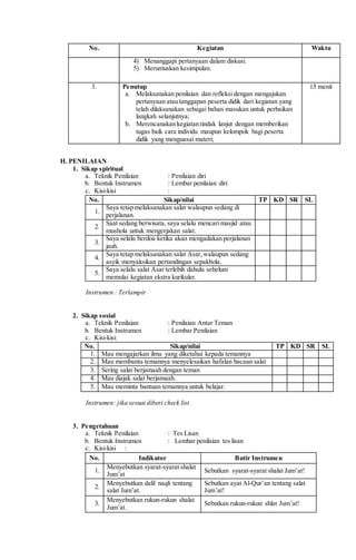 No. Kegiatan Waktu
4) Menanggapi pertanyaan dalam diskusi.
5) Merumuskan kesimpulan.
3. Penutup
a. Melaksanakan penilaian dan refleksi dengan mengajukan
pertanyaan atau tanggapan peserta didik dari kegiatan yang
telah dilaksanakan sebagai bahan masukan untuk perbaikan
langkah selanjutnya;
b. Merencanakan kegiatan tindak lanjut dengan memberikan
tugas baik cara individu maupun kelompok bagi peserta
didik yang menguasai materi;
15 menit
H. PENILAIAN
1. Sikap spiritual
a. Teknik Penilaian : Penilaian diri
b. Bentuk Instrumen : Lembar penilaian diri
c. Kisi-kisi :
No. Sikap/nilai TP KD SR SL
1.
Saya tetap melaksanakan salat walaupun sedang di
perjalanan.
2.
Saat sedang berwisata, saya selalu mencari masjid atau
mushola untuk mengerjakan salat.
3.
Saya selalu berdoa ketika akan mengadakan perjalanan
jauh.
4.
Saya tetap melaksanakan salat Asar,walaupun sedang
asyik menyaksikan pertandingan sepakbola.
5.
Saya selalu salat Asar terlebih dahulu sebelum
memulai kegiatan ekstra kurikuler.
Instrumen : Terlampir
2. Sikap sosial
a. Teknik Penilaian : Penilaian Antar Teman
b. Bentuk Instrumen : Lembar Penilaian
c. Kisi-kisi:
No. Sikap/nilai TP KD SR SL
1. Mau mengajarkan ilmu yang diketahui kepada temannya
2. Mau membantu temannya menyelesaikan hafalan bacaan salat
3. Sering salat berjamaah dengan teman
4. Mau diajak salat berjamaah.
5. Mau meminta bantuan temannya untuk belajar.
Instrumen: jika sesuai diberi check list
3. Pengetahuan
a. Teknik Penilaian : Tes Lisan
b. Bentuk Instrumen : Lembar penilaian tes lisan
c. Kisi-kisi :
No. Indikator Butir Instrumen
1.
Menyebutkan syarat-syarat shalat
Jum’at
Sebutkan syarat-syarat shalat Jum’at!
2.
Menyebutkan dalil naqli tentang
salat Jum’at.
Sebutkan ayat Al-Qur’an tentang salat
Jum’at!
3.
Menyebutkan rukun-rukun shalat
Jum’at.
Sebutkan rukun-rukun shlat Jum’at!
 