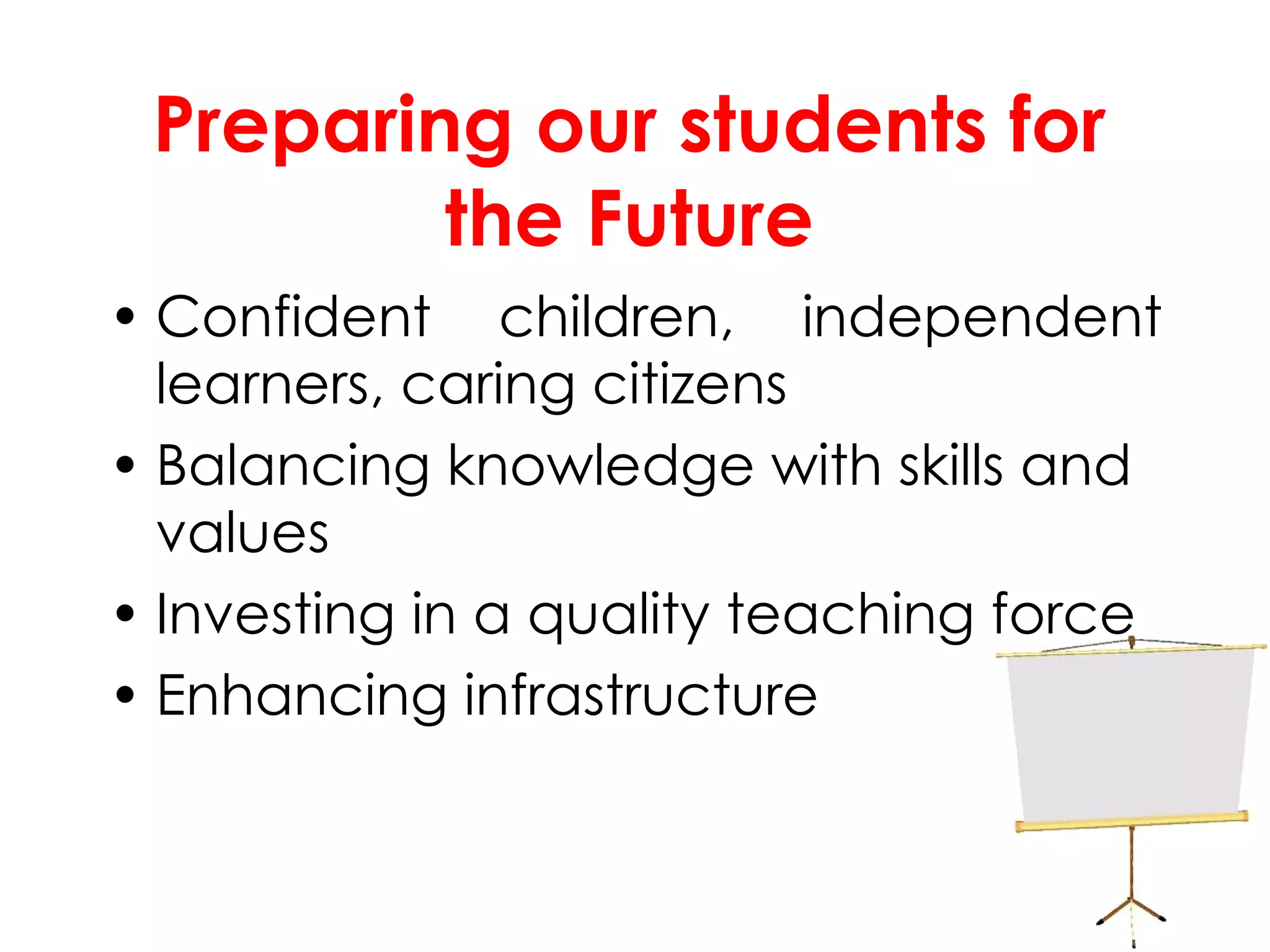 Preparing our students for the Future Confident children, independent learners, caring citizens Balancing knowledge with skills and values Investing in a quality teaching force Enhancing infrastructure 