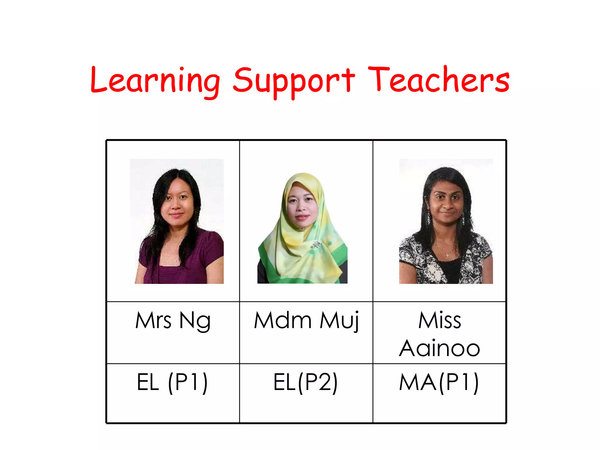 Learning Support Teachers MA(P1) EL(P2) EL (P1) Miss Aainoo Mdm Muj Mrs Ng 