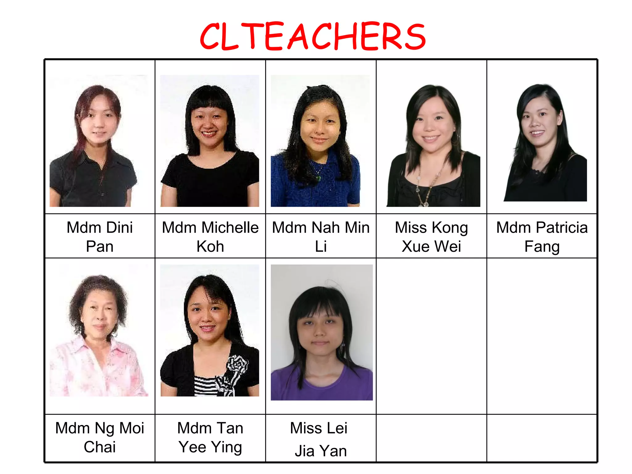 CLTEACHERS Mdm Dini Pan Mdm Michelle Koh Mdm Nah Min Li Miss Kong Xue Wei Mdm Patricia Fang Mdm Ng Moi Chai Mdm Tan Yee Ying Miss Lei  Jia Yan 