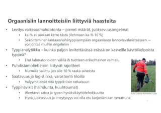 12
Orgaanisiin lannoitteisiin liittyviä haasteita
14.6.2022
• Levitys vaikeaa/mahdotonta – pienet määrät, juoksevuusongelmat
• ka-% ei suoraan kerro tästä (Vehmaan ka-% 16 %)
• Sekoittaminen lantaan/vähätyppisempään orgaaniseen lannoitevalmisteeseen →
voi johtaa muihin ongelmiin
• Typpianalytiikka – kuinka paljon levitettävässä erässä on kasveille käyttökelpoista
typpeä?
• Erot laboratorioiden välillä & tuotteen eräkohtainen vaihtelu.
• Puhdistamolietteisiin liittyvät rajoitteet
• Nurmilla sallittu, jos alle 10 % raaka-aineesta
• Saatavuus ja logistiikka, varastointi tiloilla
• Volyymit eivät riitä typpikriisin ratkaisuun
• Typpihävikit (haihdunta, huuhtoumat)
• Alentavat satoa ja typen hyväksikäyttötehokkuutta
• Hyvä juoksevuus ja imeytyvyys voi olla etu karjanlantaan verrattuna
Kuva: Juliana Roivainen, Luke
 