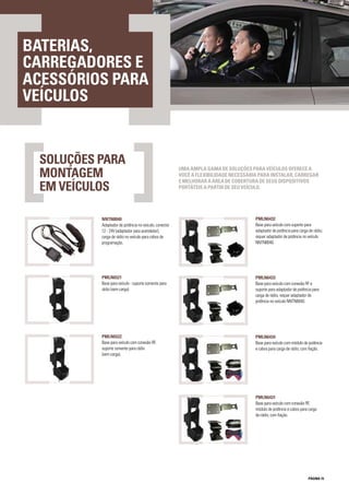 PÁGINA 15
PMLN6432
Base para veículo com suporte para
adaptador de potência para carga de rádio;
requer adaptador de potência no veículo
NNTN8040.
PMLN6433
Base para veículo com conexão RF e
suporte para adaptador de potência para
carga de rádio; requer adaptador de
potência no veículo NNTN8040.
NNTN8040
Adaptador de potência no veículo, conector
12 - 24V (adaptador para acendedor),
carga de rádio no veículo para cabos de
programação.
PMLN6434
Base para veículo com módulo de potência
e cabos para carga de rádio; com fiação.
PMLN6521
Base para veículo - suporte somente para
rádio (sem carga).
PMLN6431
Base para veículo com conexão RF,
módulo de potência e cabos para carga
de rádio; com fiação.
PMLN6522
Base para veículo com conexão RF,
suporte somente para rádio
(sem carga).
BATERIAS,
CARREGADORES E
ACESSÓRIOS PARA
VEÍCULOS
SOLUÇÕES PARA
MONTAGEM
EM VEÍCULOS
UMA AMPLA GAMA DE SOLUÇÕES PARA VEÍCULOS OFERECE A
VOCÊ A FLEXIBILIDADE NECESSÁRIA PARA INSTALAR, CARREGAR
E MELHORAR A ÁREA DE COBERTURA DE SEUS DISPOSITIVOS
PORTÁTEIS A PARTIR DE SEU VEÍCULO.
 