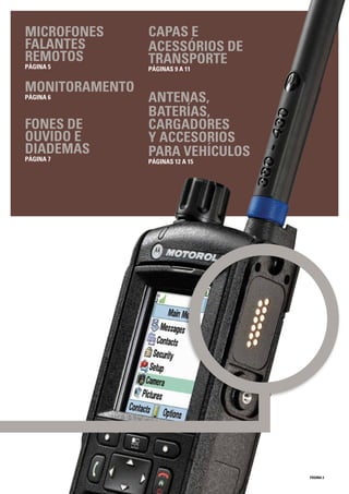 MICROFONES
FALANTES
REMOTOS
PÁGINA 5
MONITORAMENTO
PÁGINA 6
FONES DE
OUVIDO E
DIADEMAS
PÁGINA 7
PÁGINA 3
ANTENAS,
BATERÍAS,
CARGADORES
Y ACCESORIOS
PARA VEHÍCULOS
PÁGINAS 12 A 15
CAPAS E
ACESSÓRIOS DE
TRANSPORTE
PÁGINAS 9 A 11
 