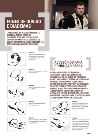 PÁGINA 7
TRANSMISSÃO E RECEPÇÃO DISCRETA
COM UMA AMPLA GAMA DE
DIADEMAS, FONES DE OUVIDO E KITS
DE MONITORAMENTO. ACESSÓRIOS DE
DESIGN OTIMIZADO E CABOS RESISTENTES
APTOS PARA CONDIÇÕES ADVERSAS.
OS TRANSDUTORES DE TÊMPORA
APOIAM-SE SOBRE SUA TÊMPORA E
CONVERTEM-SE EM ÁUDIO NA VIBRAÇÃO
PARA TRANSMITIR O SOM PARA SEU OUVIDO
INTERNO. NÃO IMPORTA SE VOCÊ ESTÁ
USANDO PROTEÇÃO AUDITIVA OU DIRIGINDO
TRÁFEGO PESADO, VOCÊ SEMPRE PODERÁ
OUVIR O ÁUDIO DE SEU RÁDIO E O AMBIENTE
AO SEU REDOR. COMO O TRANSDUTOR
APOIA-SE À FRENTE DE SUAS ORELHAS, VOCÊ
PODE USAR TAMPÕES PARA OUVIDOS E AINDA
ASSIM OUVIR O ÁUDIO DE SEU RÁDIO.
FONES DE OUVIDO
E DIADEMAS
PMLN6069
Fones de ouvido Mag One com botão
PTT e microfone online.
PMLN6634
Fones de ouvido leves de uma só conexão
com cabeça regulável, microfone boom e
interruptor PTT online.
PMLN5102
Fones de ouvido ultra leves com microfone
boom e PTT online.
PMLN5653
Microfone de ouvido com condução óssea
com PTT online de grandes dimensões
e anel protetor. Fale em voz baixa e seja
ouvido de todas maneiras. Apto também
para ambientes muito barulhentos nos
quais se usa proteção auditiva sobre
microfones para ouvidos.
PMLN5096
Fones de ouvido -Style com microfone
boom e PTT online.
PMLN6406
Fones de ouvido ultra resistentes com
microfone boom com cancelamento
de ruído e PTT no auricular; redução
de ruído = 24dB.
PMLN6624
Transdutor de Têmpora IMPRES, fone
de ouvido por condução óssea com
microfone boom e PTT online (design
de fixação atrás da cabeça).
ACESSÓRIOS PARA
CONDUÇÃO ÓSSEA
 