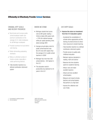 Efficiently & Effectively Provide School Services
2012MICHIGANTURNAROUNDPLANOVERVIEW
¹ NAEP & AEG analysis
² National Education Association
3
U.S. Census
4
McKinsey
3 = Accomplished or significant progress
• = Not accomplished
ORIGINAL MTP GOALS
AND RECENT PROGRESS
3 Benchmark and increase public
school employee health care
premium contributions to the
average of U.S. state employees
for all Michigan employees
3 Provide incentives for local district
cost-sharing
3 Retain demanding graduating
standards
3 Allow an unlimited number of
charter schools, especially in
under-performing districts
• Fully transition teachers to a
defined contribution retirement
system
WHERE WE STAND
• Michigan student test scores
rank at (8th grade reading =
32nd) or below (8th grade math
= 37th) the national average
while per capita spending ranks
above average (8th)1
• Average annual salary costs for
public school teachers was
$3,370 more (6% higher) than
the average of U.S. public school
teachers in 20092
• Michigan has more than 500
school districts – 6th highest in
the U.S.3
• The education sector’s
productivity has declined for 20
years in the U.S.4
2012 MTP GOALS
• Improve the return on investment
from the 0-12 education system
- Accelerate the consolidation of
schools where appropriate and the
sharing of school services to direct
more resources to student learning
- Fully transition teachers to a defined
contribution retirement system
- Provide access to quality early
childhood education
- Maintain rigorous standards in
reading, math and science
- Maximize the time students
spend on academic learning
- Attract, train and retain
excellent teachers
- Attract and train excellent
school leaders
- Measure and reward schools,
teachers and school leaders
that perform at a high level
- Improve the collection and
use of data
 