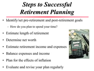 Steps to Successful
Retirement Planning
• Identify/set pre-retirement and post-retirement goals
– How do you plan to spend...