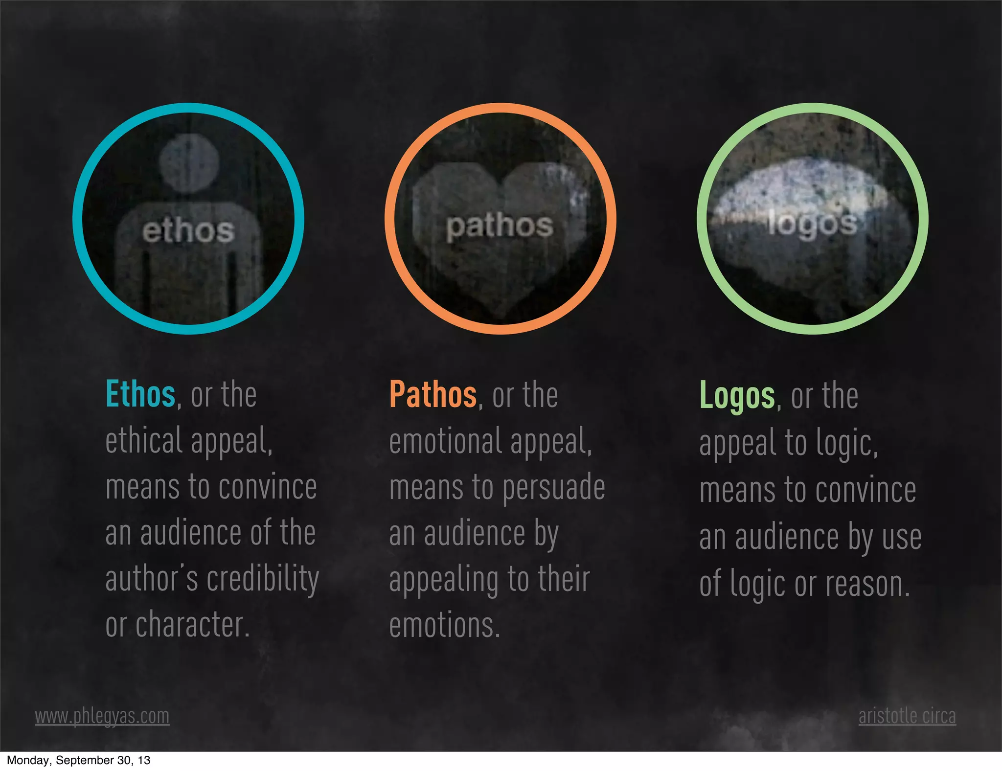 Ethos, or the
ethical appeal,
means to convince
an audience of the
author’s credibility
or character.
Pathos, or the
emotional appeal,
means to persuade
an audience by
appealing to their
emotions.
Logos, or the
appeal to logic,
means to convince
an audience by use
of logic or reason.
www.phlegyas.com aristotle circa
Monday, September 30, 13
 