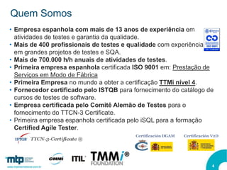 Quem Somos
• Empresa espanhola com mais de 13 anos de experiência em
  atividades de testes e garantia da qualidade.
• Mais de 400 profissionais de testes e qualidade com experiência
  em grandes projetos de testes e SQA.
• Mais de 700.000 h/h anuais de atividades de testes.
• Primeira empresa espanhola certificada ISO 9001 em: Prestação de
  Serviços em Modo de Fábrica
• Primeira Empresa no mundo a obter a certificação TTMi nível 4.
• Fornecedor certificado pelo ISTQB para fornecimento do catálogo de
  cursos de testes de software.
• Empresa certificada pelo Comitê Alemão de Testes para o
  fornecimento do TTCN-3 Certificate.
• Primeira empresa espanhola certificada pelo iSQL para a formação
  Certified Agile Tester.
                                          Certificación DGAM   Certificación V2D




                                                                            4
 
