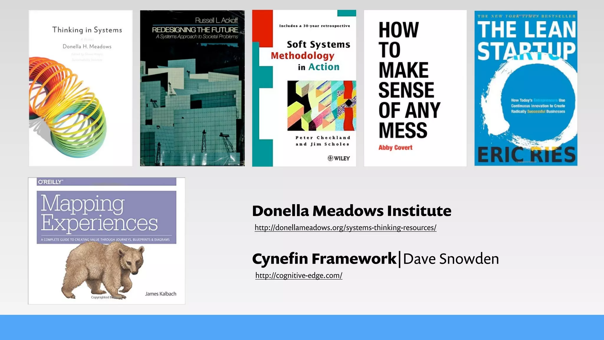 Cyneﬁn Framework|Dave Snowden
http://cognitive-edge.com/
Donella Meadows Institute
http://donellameadows.org/systems-thinking-resources/
 