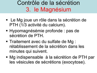 Contrôle de la sécrétion 3.  le Magnésium Le Mg joue un rôle dans la sécrétion de PTH (1/3 activité du calcium). Hypomagnésémie profonde : pas de sécrétion de PTH. Traitement avec du sulfate de Mg : rétablissement de la sécrétion dans les minutes qui suivent. Mg indispensable  à la sécrétion de PTH par les vésicules de sécrétions (exocytose). 