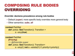 COMPOSING RULE BODIES
OVERRIDING
Override: declares precedence among rule bodies
• Default (super): more specific body overrides more general body
• Other semantics: subs, all
23
context PetriNet
def: pick(s: Set(Transition)): Transition =
s→any(true)
context PetriNet
[Priority]
−− @Override super
def: pick(s: Set(Transition)): Transition=
s→any(t | not s→exists(t1| t1.priority>t.priority))
 