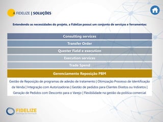 Gerenciamento Reposição PBM
Trade Spend
Execution services
Quester Field e execution
Consulting services
Transfer Order
Gestão de Reposição de programas de adesão de tratamento | Otimização Processo de Identificação
da Venda | Integração com Autorizadoras | Gestão de pedidos para Clientes Diretos ou Indiretos |
Geração de Pedidos com Desconto para o Varejo | Flexibilidade na gestão da política comercial
Entendendo as necessidades do projeto, a Fidelize possui um conjunto de serviços e ferramentas:
A FIDELIZE | SOLUÇÕES
 