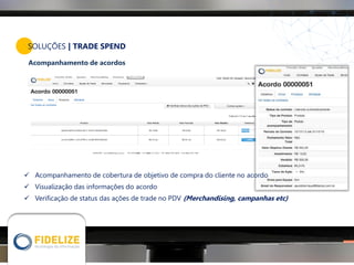 Acompanhamento de acordos
 Acompanhamento de cobertura de objetivo de compra do cliente no acordo
 Visualização das informações do acordo
 Verificação de status das ações de trade no PDV (Merchandising, campanhas etc)
SOLUÇÕES | TRADE SPEND
 