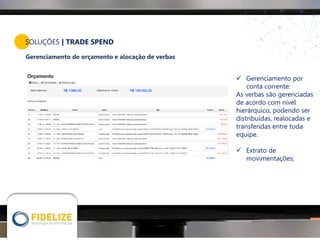 Gerenciamento de orçamento e alocação de verbas
 Gerenciamento por
conta corrente:
As verbas são gerenciadas
de acordo com nível
hierárquico, podendo ser
distribuídas, realocadas e
transferidas entre toda
equipe.
 Extrato de
movimentações;
SOLUÇÕES | TRADE SPEND
 