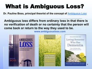 What is Ambiguous Loss?
Dr. Pauline Boss, principal theorist of the concept of Ambiguous Loss
4
Ambiguous loss differs from ordinary loss in that there is
no verification of death or no certainty that the person will
come back or return to the way they used to be.
www.ambiguousloss.com
 