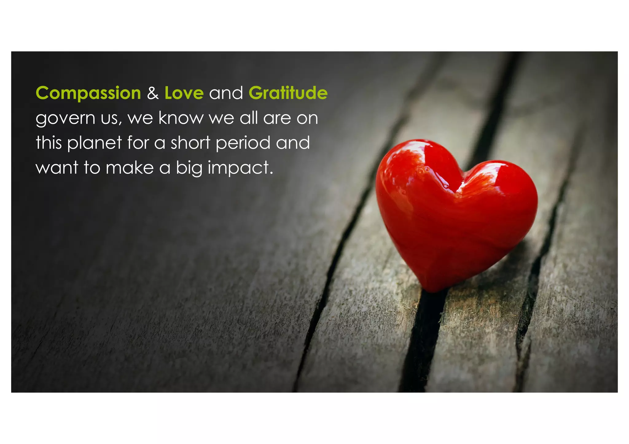 Compassion & Love and Gratitude
govern us, we know we all are on
this planet for a short period and
want to make a big impact.
 