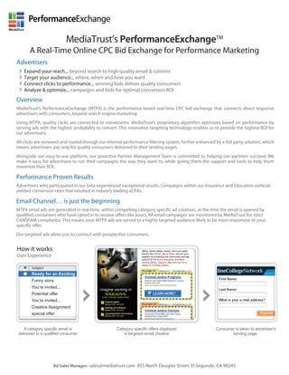 PerformanceExchange

                            MediaTrust’s PerformanceExchangeTM
       A Real-Time Online CPC Bid Exchange for Performance Marketing
Advertisers
    Expand your reach... beyond search to high quality email & content
    Target your audience... where, when and how you want
    Connect clicks to performance... winning bids deliver quality consumers
    Analyze & optimize... campaigns and bids for optimal conversion ROI
Overview
MediaTrust’s PerformanceExchange (MTPX) is the performance-based real-time CPC bid exchange that connects direct response
advertisers with consumers, beyond search engine marketing.
Using MTPX, quality clicks are connected to conversions. MediaTrust’s proprietary algorithm optimizes based on performance by
serving ads with the highest probability to convert. This innovative targeting technology enables us to provide the highest ROI for
our advertisers.
All clicks are reviewed and routed through our internal performance filtering system, further enhanced by a 3rd party solution, which
means advertisers pay only for quality consumers delivered to their landing pages.
Alongside our easy-to-use platform, our proactive Partner Management Team is committed to helping our partners succeed. We
make it easy for advertisers to run their campaigns the way they want to, while giving them the support and tools to help them
maximize their ROI.

Performance Proven Results
Advertisers who participated in our beta experienced exceptional results. Campaigns within our Insurance and Education verticals
yielded conversion rates that resulted in industry leading eCPAs.

Email Channel… is just the beginning
MTPX email ads are generated in real-time, within compelling category specific ad creatives, at the time the email is opened by
qualified consumers who have opted in to receive offers like yours. All email campaigns are monitored by MediaTrust for strict
CANSPAM compliance. This means your MTPX ads are served to a highly targeted audience likely to be most responsive to your
specific offer.                                                               %%$city%% edition



Our targeted ads allow you to connect with prospective consumers.


How it works                                                     {$first_name} {$last_name}, don’t just watch

User Experience                                                  show’s like CSI or Law & Order, live out your
                                                                 passion for protecting the community and get
                                                                 paid for it! We found education providers
                                                                 serving {$city}, ready to help train you for a
                                                                 career in Criminal Justice.
        Subject
        Ready for an Exciting
        Funny story
        You’re invited...
        Potential offer
        You’re invited...
        Creative Assignment
        special offer


    A category specific email is                   Category specific offers displayed                             Consumer is taken to advertiser’s
 delivered to a qualified consumer                     in targeted email creative                                        landing page.




                    Ad Sales Manager: sales@mediatrust.com 855 North Douglas Street, El Segundo, CA 90245
 