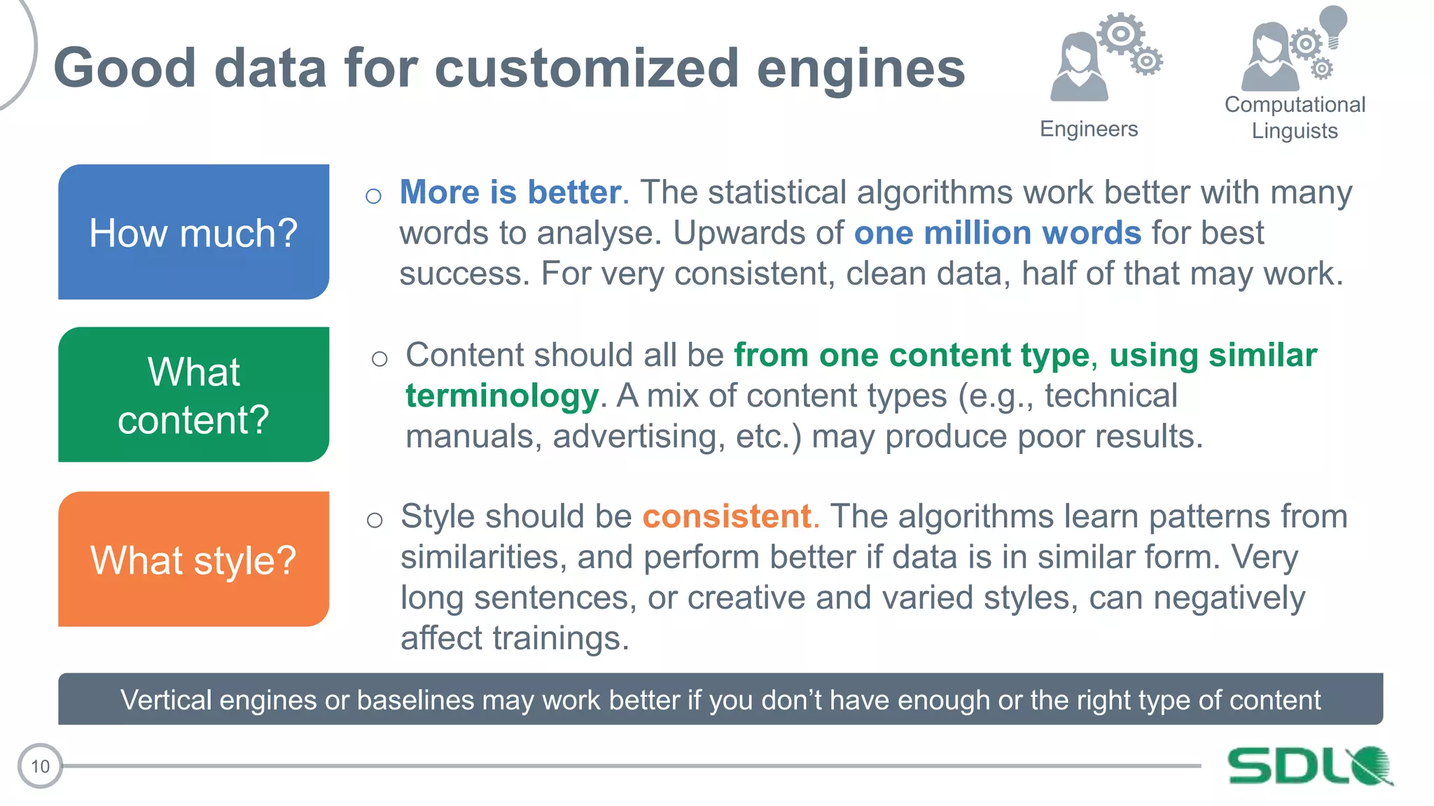 10
Good data for customized engines
How much?
What
content?
What style?
Engineers
Vertical engines or baselines may work better if you don’t have enough or the right type of content
Computational
Linguists
o More is better. The statistical algorithms work better with many
words to analyse. Upwards of one million words for best
success. For very consistent, clean data, half of that may work.
o Content should all be from one content type, using similar
terminology. A mix of content types (e.g., technical
manuals, advertising, etc.) may produce poor results.
o Style should be consistent. The algorithms learn patterns from
similarities, and perform better if data is in similar form. Very
long sentences, or creative and varied styles, can negatively
affect trainings.
 