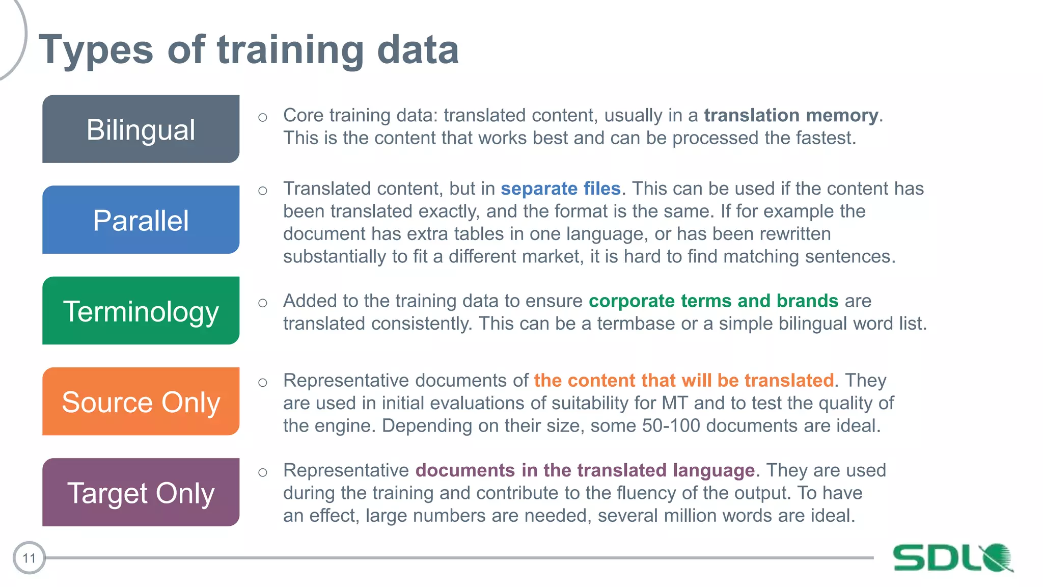 11
Types of training data
Bilingual
Parallel
Terminology
Source Only
Target Only
o Core training data: translated content, usually in a translation memory.
This is the content that works best and can be processed the fastest.
o Translated content, but in separate files. This can be used if the content has
been translated exactly, and the format is the same. If for example the
document has extra tables in one language, or has been rewritten
substantially to fit a different market, it is hard to find matching sentences.
o Added to the training data to ensure corporate terms and brands are
translated consistently. This can be a termbase or a simple bilingual word list.
o Representative documents of the content that will be translated. They
are used in initial evaluations of suitability for MT and to test the quality of
the engine. Depending on their size, some 50-100 documents are ideal.
o Representative documents in the translated language. They are used
during the training and contribute to the fluency of the output. To have
an effect, large numbers are needed, several million words are ideal.
 