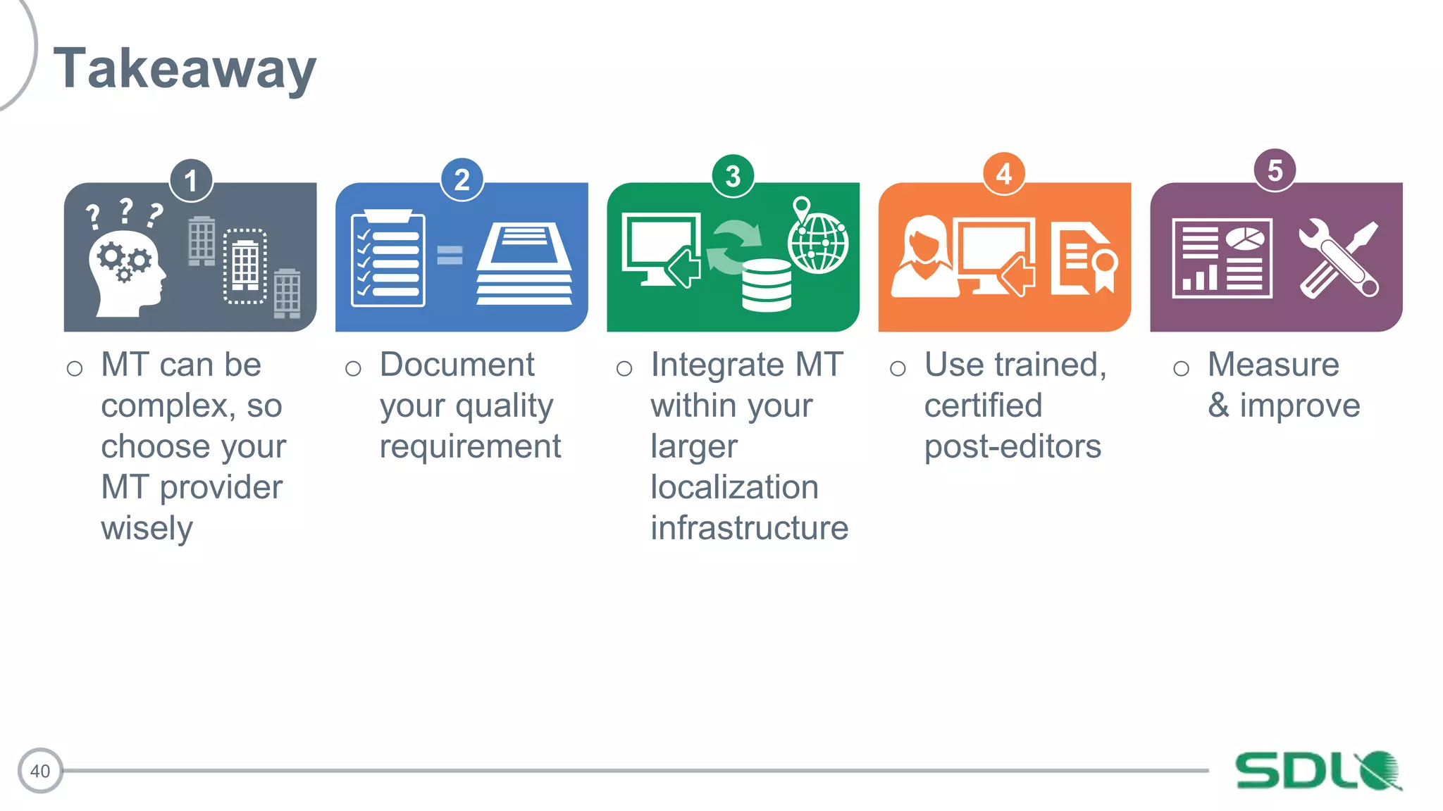 40
Takeaway
o Measure
& improve
1 2 3 4 5
o MT can be
complex, so
choose your
MT provider
wisely
o Document
your quality
requirement
o Integrate MT
within your
larger
localization
infrastructure
o Use trained,
certified
post-editors
 