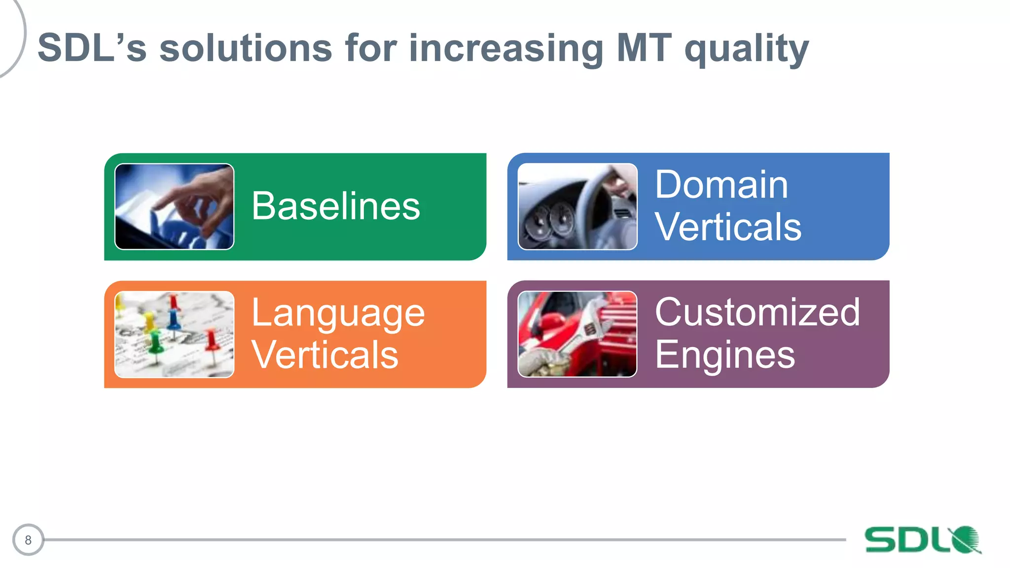 8
SDL’s solutions for increasing MT quality
Customized
Engines
Domain
Verticals
Baselines
Language
Verticals
 