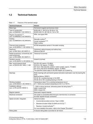 1FT6 Synchronous Motors
Configuration Manual, (PFT6), 10.2005 Edition, 6SN1197-0AD02-0BP1 1-3
Motor Description
Technical features
1.2 Technical features
Table 1-1 Features of the standard design
Technical features Version
Motor type Permanent-magnet synchronous motor
Type of construction
(acc. to EN60034-7; IEC 60034-7)
IM B5 (IM V1, IM V3) for SH 28 to 132
IM B35 (IM V15, IM V36) for 132 to 160
Degree of protection 4)
(acc. to EN60034-5; IEC 60034-5)
IP64; core types IP65
Cooling
(acc. to EN60034-6; IEC 60034-6)
Naturally cooling 2)
Forced ventilation 2) 3)
Water cooling
Thermal motor protection
(acc. to EN 60034-11; IEC 60034-11)
KTY84 temperature sensor in the stator winding
Shaft end
(acc. to DIN 748-3; IEC 60072-1)
Cylindrical; without keyway and without key;
tolerance field k6
Radial eccentricity, concentricity and
axial eccentricity
(acc. to DIN 42955; IEC 60072-1)
Tolerance N (normal)
Vibration severity
(acc. to EN 60034-14, IEC 60034-14)
Grade N (normal)
Max. sound pressure level
(acc. to DIN EN ISO 1680) + 3 dB
SH 28 to 48: approx. 55 dB(A)
SH 63 to 100: approx. 70 dB(A)
SH 132 to 160 (naturally cooled or water-cooled): approx. 70 dB(A)
SH 132 to 160 (force-ventilated): approx. 74 dB(A)
The specified values apply to all shaft heights up to speed nN.
Bearings Roller bearings with permanent grease lubrication (lubrication over the bearing life-
time)
Bearing lifetime: 20000 h
SH 36, 48: Locating bearings on the NDE
SH 28, 63 to 160: Locating bearing on the DE
Winding insulation
(acc. to EN 60034-1; IEC 60034-1)
Temperature class F for a winding temperature rise of
∆T = 100 K at an ambient temperature of 40 °C (+104°F).
Installation altitude
(acc. to EN and IEC 60034-1)
= 1000 m above sea level, otherwise power de-rating factor 2)
2000 m factor 0.94
2500 m factor 0.9
Magnet material Rare-earth magnet material
Electrical connection The power is connected either through a terminal box or connector.
Encoder signals through connectors.
Speed encoder, integrated Optical encoders:
• Incremental encoders sin/cos 1Vpp (I–2048)
• Absolute encoder EnDat (A-2048 and A-512) 1)
• Resolver, 2-pole/multi-pole 4)
For more detailed information, refer to the Chapter "Encoders".
Rating plate A second rating plate is provided for all motors
 